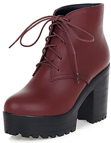 Lroey Reoly Botas Cortas Chunky Mujer, Botines de Vestir Moda Cordones Botines Tacón Alto Punta Rojoonda con Plataforma 385 Vino Rojo/Hm Talla 34 EU