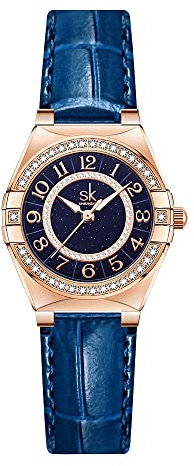 SHENGKE SK Fashion Damenuhren mit Kristalldiamanten, Elegante Damenuhr mit Armband aus echtem Leder und Edelstahl., blau, Klassisch((Blue)