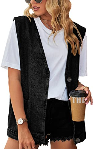 Shebote Womens Oversized Sleeveless Jean Denim Jacket Button Down Vest Top for Women Summer Waistcoat Jeans Vests Tops(0168-Black-L)