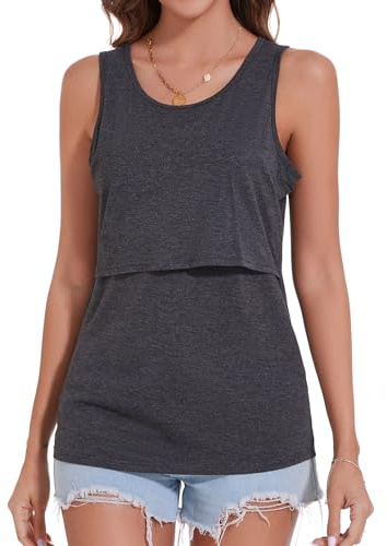 Sosolism Women's Maternity Nursing Vest Loose Breastfeeding Top,Dark Grey,M
