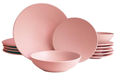 ECHTWERK Vajilla vintage de 18 piezas, diseño Blanka Nature, para 6 personas, Vajilla elegante con estructura de gres con 6 x platos llanos, 6 x platos hondos, 6 x platos soperos, rosa