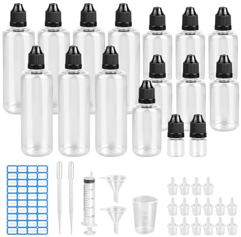 Kayqbonke 16 st. flytande flaskor, 7 x 100ml, 7 x 50ml, 2 x flaska, flytande flaska med tratt, mätkopp och etiketter, tomma flaskor för resor och experiment