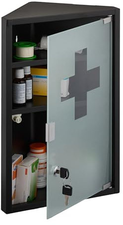 Relaxdays Medizinschrank, 3 Fächer, HBT: 45 x 30 x 17,5 cm, abschließbar, Stahl, Glastür, Eck Apothekenschrank, schwarz