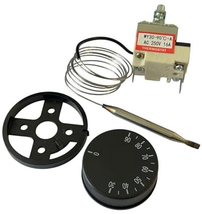 Easyricambi - Termostato Analogico per Caldaia e Stufe a Pellet, Termostato Capillare Regolabile 30/90 °C, Termostato con Sonda Semplice 3 contatti Faston NC-NA, Fornito Completo di Manopola e Ghiera