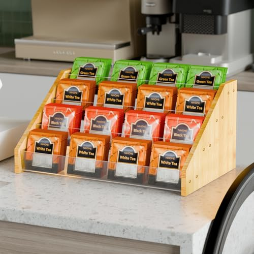 NiHome Teebox für Teebeutel Aufbewahrung – 4 Layer Tea Bag Organizer aus Bambus & Kunststoff mit Transparenten Trennwänden – Große Kapazität Teeboxen für Teebeutel, Küche, Büro oder Vorratskammer