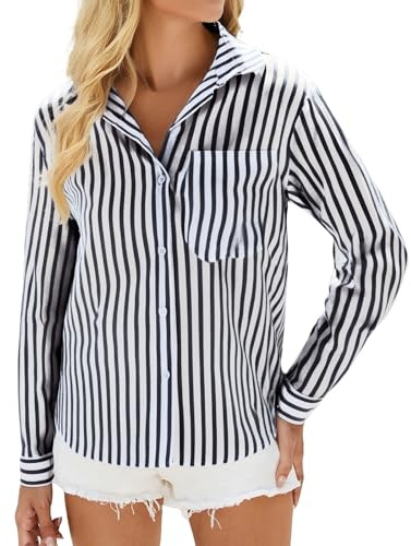 Chemisier à manches longues pour femme - Rayé - Col en V - Chemise boutonnée - Chemisier élégant - Décontracté - Bureau basique - Tenue d'affaires, Noir , 3XL