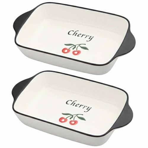 Ceramic Baking Dishes with Cherry Designset of 2, Oven to Table Ideal for Lasagne Casserole Tapas, 23 x 12 x 5 cm,