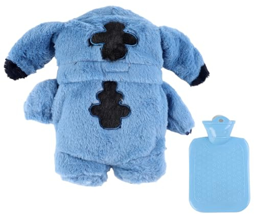 Lvjkes Borsa Acqua Calda Peluche, Borsa Acqua Calda Bambini, Fodera Rimovibile in PVC Rinforzato, Facile da pulire, Scaldamani per Adulti e Bambini, Blu Cartone Animato