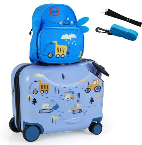 GOPLUS Maleta Infantil de 2 Piezas con Ruedas Giratorias, Equipaje de Viaje con Mochila, Juego de Equipaje para Niños Ride-on & Sit-on & Carry-on 47cm y Mochil 30 cm, Maleta de Cabina (Coche)