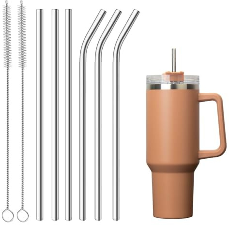 Set di 6 Cannucce Riutilizzabili in Acciaio Inox (3 Dritte + 3 Curvate) con 2 Spazzole per Pulizia, per Bevande Calde e Fredde, Ideale per Casa, Ufficio e Feste