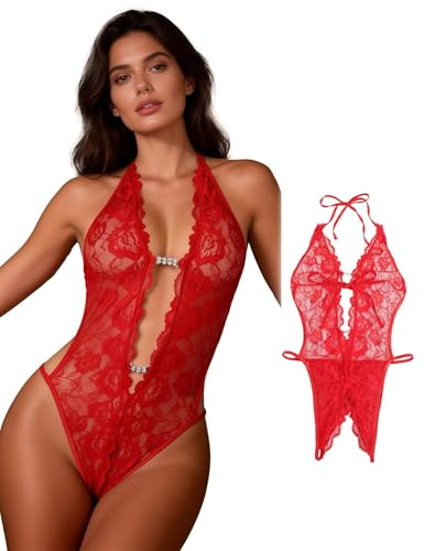 comeondear Body Sexy Femme Ouvert Entrejambe Lingerie Sexy Dentelle Rouge,M