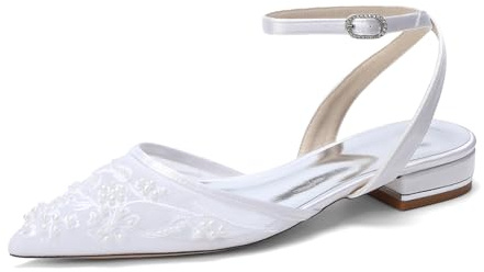 Yhsdfcn Bailarinas Slingback de Punta para Novia, Zapatos Planos con Talón Abierto y Tira al Tobillo, Zapatos Elegantes con Malla y Bordado Floral,Blanca,38 EU