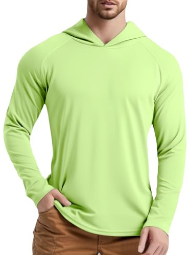 Rashguard - Felpa con cappuccio da uomo, protezione solare UPF50+, a maniche lunghe, con cappuccio, per pesca, rash guard, abbigliamento outdoor da uomo, per sport acquatici, O verde chiaro, L