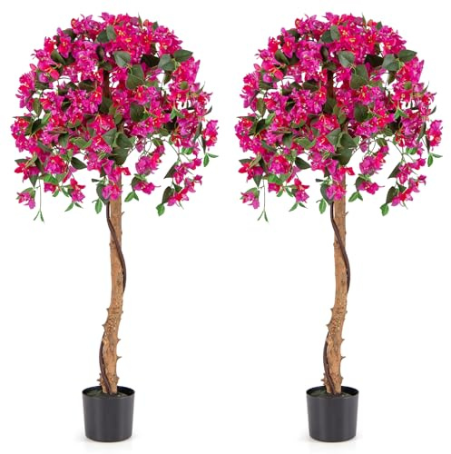 COSTWAY Set med 2 stycken 135 cm konstträd med blommor, konstgjord växt i kruka, konstträd med azaléblommor, realistisk krukväxt, konstgjord blomma för hem, kontor, krukväxt dekorationsväxt, rosa