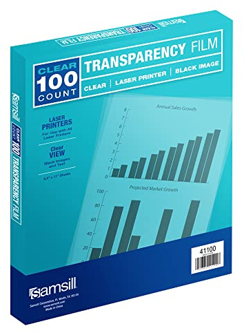 Samsill 100 Pack Transparent Printer Sheets, Projector Film, Clear Transparency Film for Laser Jet Printers, 8.5 x 11 Inch Sheets - Black Image Only,