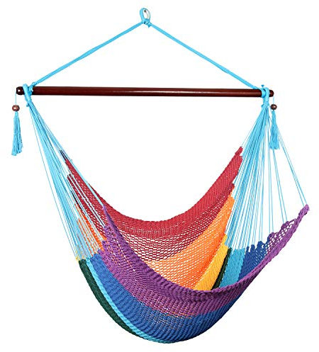 Bathonly Großer Hängesessel Mit Spreizstange, Caribbean Handgewebt Hängeschaukel, XL Hammock Chair Outdoor Indoor, bis 150 kg Belastbar, Rainbow