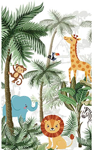 PLAGE Papier peint intissé 250 cm X 150 cm, illustration forêt tropicale, animaux de la jungle, panoramique pour chambre d'enfant.