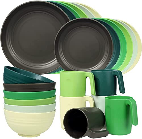 Greentainer Geschirrsets aus Kunststoff (24pcs) | Leicht und Unzerbrechlich Camping Geschirr Set,Teller, Schüsseln,Tassen,Tafel-Service für 6 Person, ideal für Kinder & Erwachsene Wiederverwendbar
