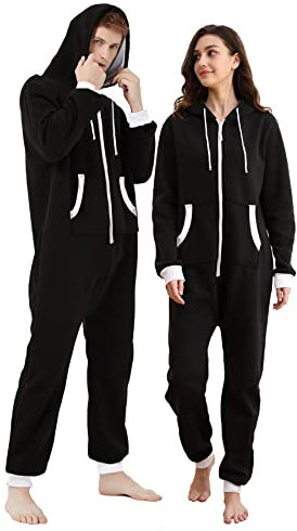 Dodheah Unisex Onesie Schwarz Pyjama Einteiler Overall Jumpsuits Nachtwäsche Familie Loungewear mit Kapuze Reißverschluss Schwarzer Weißer-M