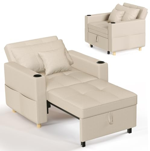 YODOLLA Futon - Sedia letto trasformabile 3 in 1 per adulti, divano letto estraibile con schienale regolabile, divano, sedia a sdraio, letto singolo, poltrona convertibile per adulti, beige crema
