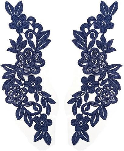 1 paio di toppe per ricami floreali, in pizzo con fiori, applicazioni, collare, fai da te, ritaglio, ricamo, accessori per vestiti Cheongsam, blu navy