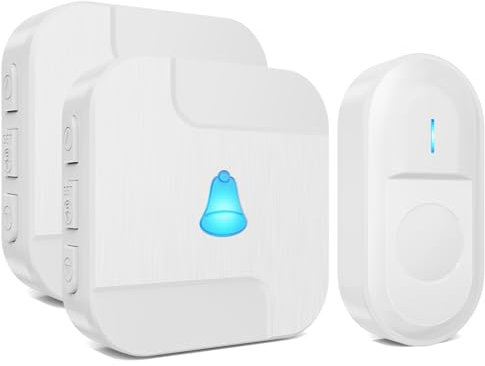 SURFOU Sonnette sans Fil Exterieur Etanche, Kit de Carillon avec 300 Mètres, 2 Récepteurs Enfichables pour la Maison, 55 Mélodies au 5 Niveaux Volumes, LED Bleu, Blanc