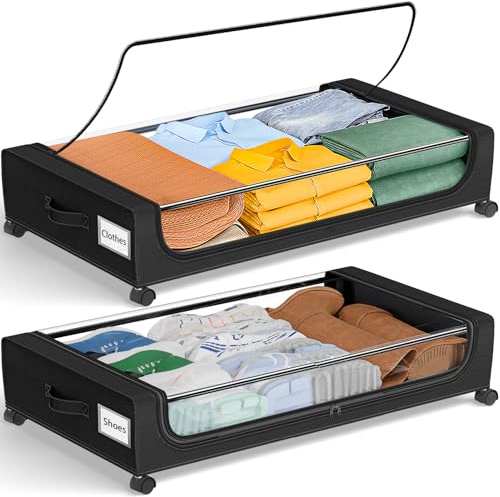 GoMaihe Under Bed Storage with Wheels: 48L Underbed Storage Containers with Clear Lids - Rolling Drawers & Bins for Shoes Clothes in Dorm Bedroom - Space-Saving Easy Pull-out Black 2-Pack