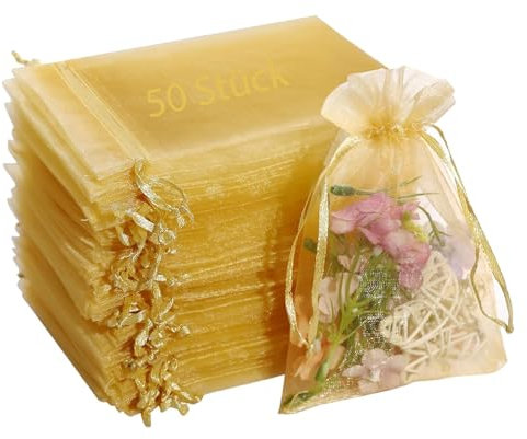 Cozevdnt 50 Stück Organzasäckchen, 10 x 15 cm Organzabeutel, Geschenkbeutel Organza mit Kordelzug, Hochzeit Bonbonsbeutel für Hochzeit Oder Fest Party (Golden)