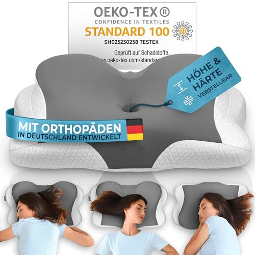 Glückstoff® Orthopädisches Kissen [Innovationspreis für Ergonomie nominiert] Kopfkissen Nackenschmerzen aus Memory Foam | Nackenstützkissen Ergonomische Nackenrolle Seitenschläferkissen Grau