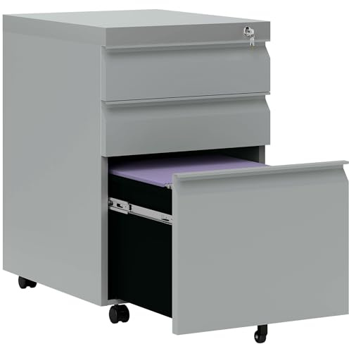 Vinsetto 3-Drawer Filing Cabinet, Mobile Metal File Cabinet with Lock and 5 Wheels for A4/Legal/Letter Sized Hanging File Folders, Under Desk Drawers, Pre-Assembled Body, 39 x 48 x 60 cm, Grey