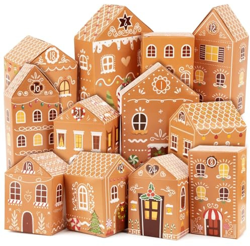 24pcs Calendriers de l'Avent Boites Cadeau Noël Boîtes de Calendrier de l'Avent à Remplir Forme de Maison Building pour Bonbons Cadeaux Décoration Noël