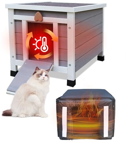 Rockever Outdoor Cat House, Insulated Outdoor Cat House with Warm Liner for Winter, Weatherproof Rabbit Hutch Bunny Cage, Wooden Outside Shelter for Feral Cats, Rabbits