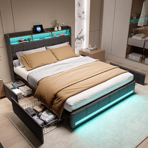 Dubbelsäng 160 x 200 Med LED och 2 USB, Typ-C - Vadderad Säng Med 4 Förvaringslådor, Sänggavel, LED-Belysning och Ribbotten (Utan Madrasser)