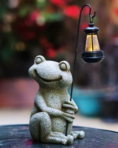 Grenouille de jardin d'extérieur avec lumière solaire, statue de grenouille tenant une lanterne de jardin, décoration résistante aux intempéries, durable pour porche, cour, pelouse, patio, balcon,