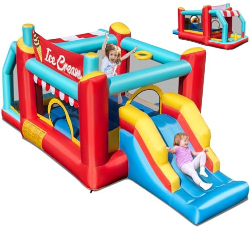 GYMAX 5 in 1 Kids Bouncy Castle, Inflatable Jumping House with Slide, Ball Pit, Ring-toss Game & Basketball Hoop, Outdoor Blow up Playhouse for Garden Backyard, 475x224x201cm (without Blower)