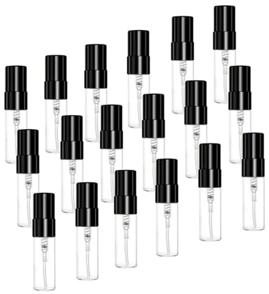 20PCS Mini Spray Parfymflaskor Klart glas påfyllbar fin dimma atomizer Bärbar behållare med aluminiserad munstycke och svarta lock för rengöring, resa (3ml)