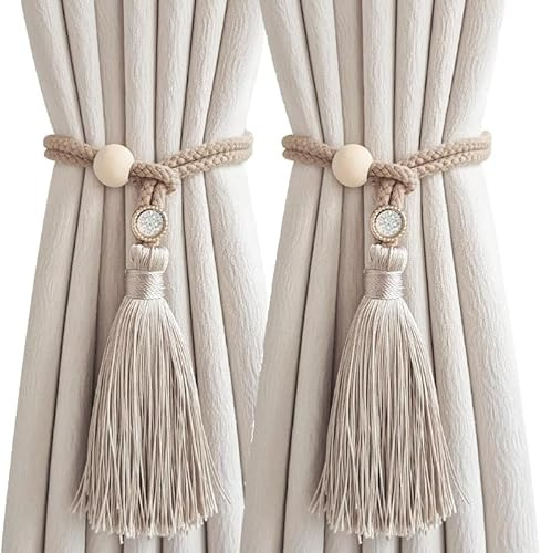 Curtain Tie Backs, DWUENT Boho Curtains Milky Tea Fabric Holdbacks with Tassel, 54cm Total Length & 14cm Fringe Curtain Tiebacks for Curtains（2 Pack）