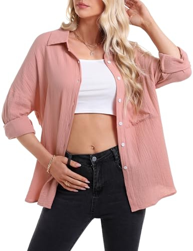 Aottori Camicia Donna Manica Lunga Blusa in Lino Cotone Camicetta Elegante con Bottoni Camicie Oversize Classico Shirts Casual Rosa L
