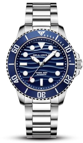 SEA-GULL Montre de plongée automatique pour homme - Étanche jusqu'à 200 m - Verre saphir - Bracelet en acier inoxydable 316L - 6203, bleu, Bracelet