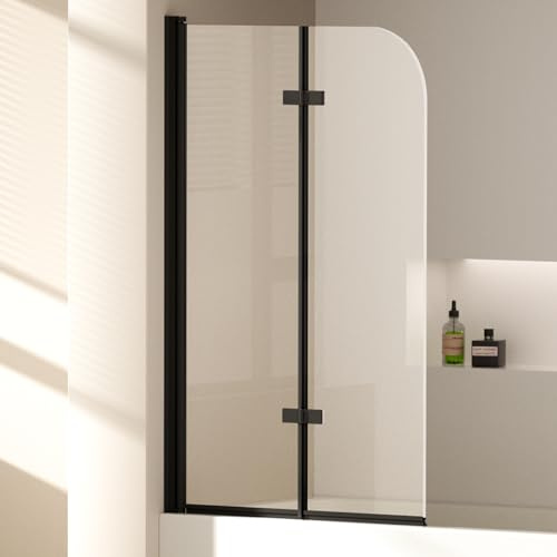 EMKE Mampara de ducha para bañera, 100 x 140 cm, color negro, 2 piezas, plegable, con cristal templado de seguridad de 6 mm, accesorio para bañera, pared plegable, mampara de ducha de cristal