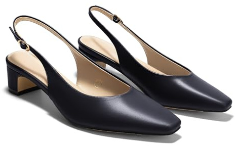 Coutgo Womens Chunky Low Heels Slingback Pumps Closed Square-Pointed Toe Work Office Dress Shoes, Navy, Size 9