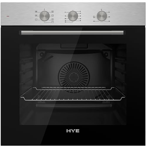 HYE 60cm Built-In Electric Fan Oven, Stainless Steel Panel & Black Glass Door, 7 Cooking Functions, Low-E Double Glass, Timer & Cooling Fan – C01BI60SS17