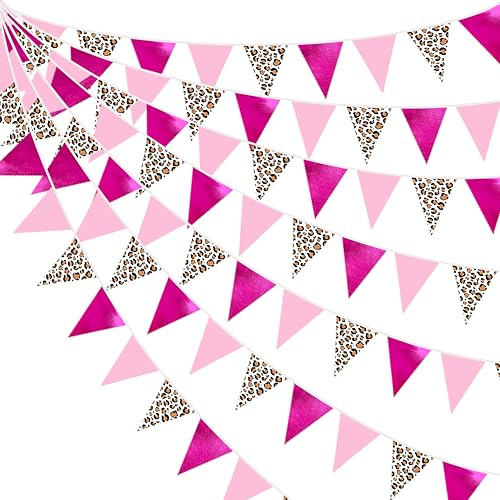 32Ft Hot Pink Leopard Print Fabric Bunting Banner Cheetah Party Decorations Triangle Flag Pennant Garland for Wild Animals Birthday Cheetah Baby Shower Farm Jungle Safari Leopard Party