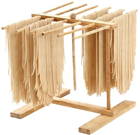 JIANHUA Soporte para pasta de madera, soporte para pasta de secado, estante para pasta, soporte plegable para pasta con barra de transferencia y 12 varillas, reutilizable
