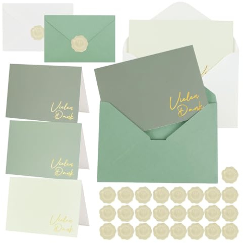 DATIFF 44TLG Dankeskarten mit Umschlag und Gold Siegel Aufkleber, Salbeigrün Dankeschön Karte Vielen Dank Thank you Postkarten für Weihnachten Silvester Konfirmation Hochzeit