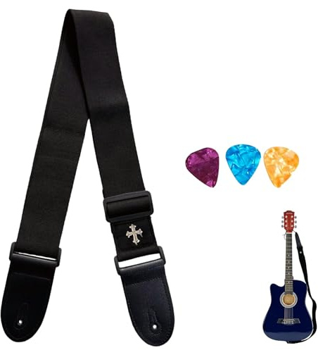 Nify Gitarrbälte set i 6 delar, justerbar gitarrrem med plektrumfack, läderheadstock-adapter, strap-låsring, 3 plektrum, fästband, för akustisk, västern, elgitarr och bas
