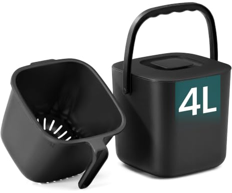 SONGMICS Komposthink med Lock, Luktfri för Köksbänk, 4 L | Matavfallskärl, Urtagbar Sil, PP-Plast, 20 x 18,1 x 18 cm, Svart, LEOS Kollektion LTB214BZ01