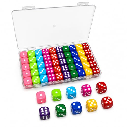 50 Pcs Dice Set 6 Sided 10 Colours Spot Dices with Box, 16mm Round Corner | Pefect for Board Games Dice Gamces Math Teaching (Solid Color)