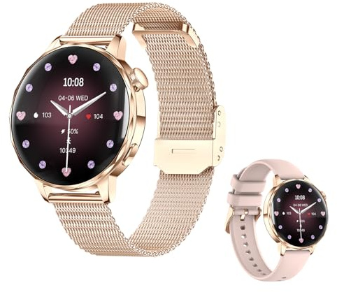 LONGLU Montre Intelligente pour Femmes – Écran 1,27, Fréquence Cardiaque/SpO2/Tension Artérielle/Sommeil, Suivi du Cycle, Traqueur Fitness IP68 pour iOS Android (Or Rose, H)