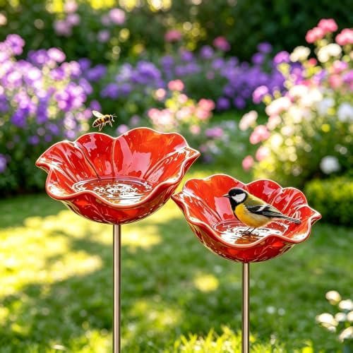 Fleur Métallique sur Poteau, Bac à Oiseaux, Décoration Jardin Extérieur | Station d’Eau et Nourriture pour Oiseaux Sauvages, Baignoire et Abreuvoir Extérieur adapté au Jardin et Balcon